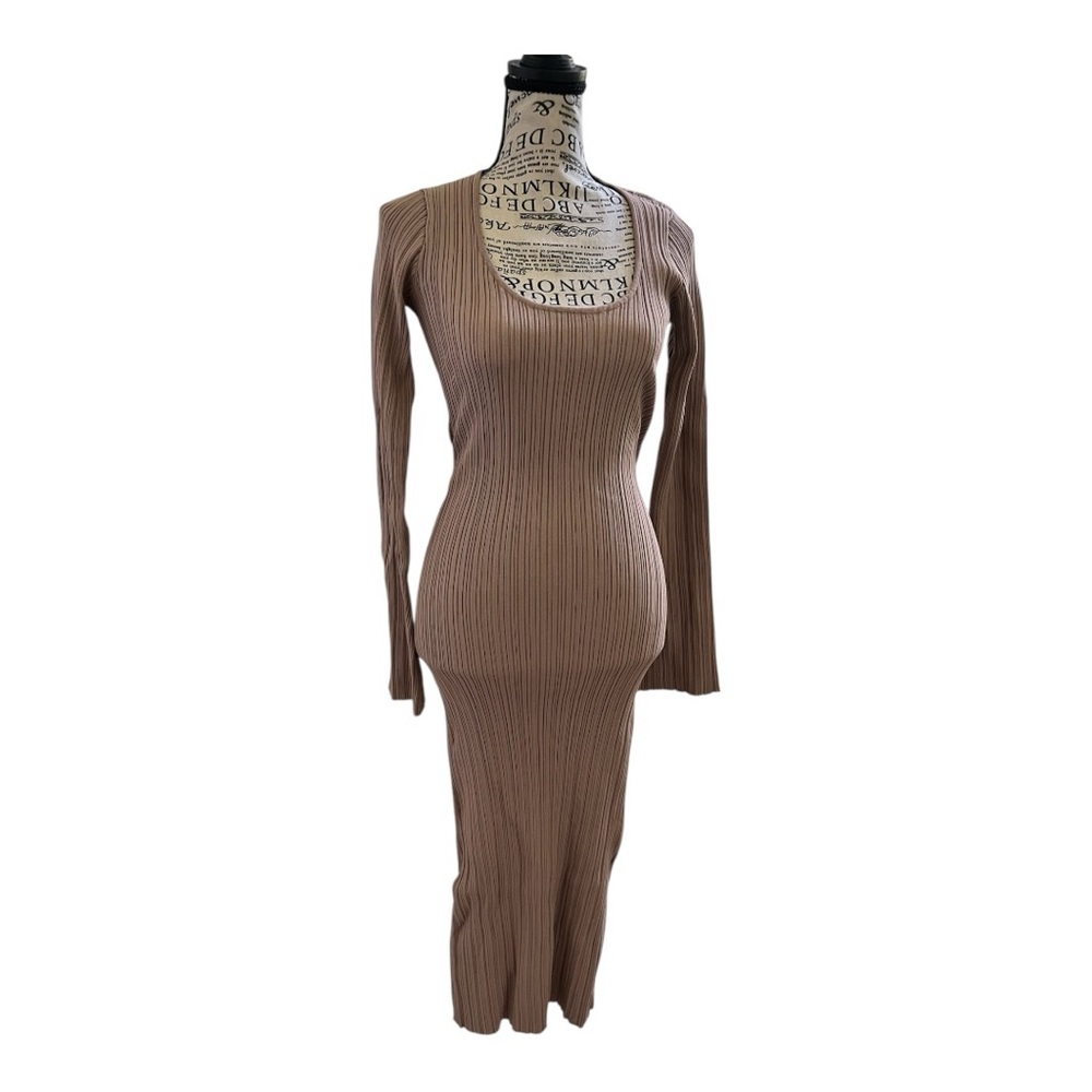 WAYF Cinthia Jewel Neck Long Sleeve Rib Midi Dress, size 8 NWT color is nude